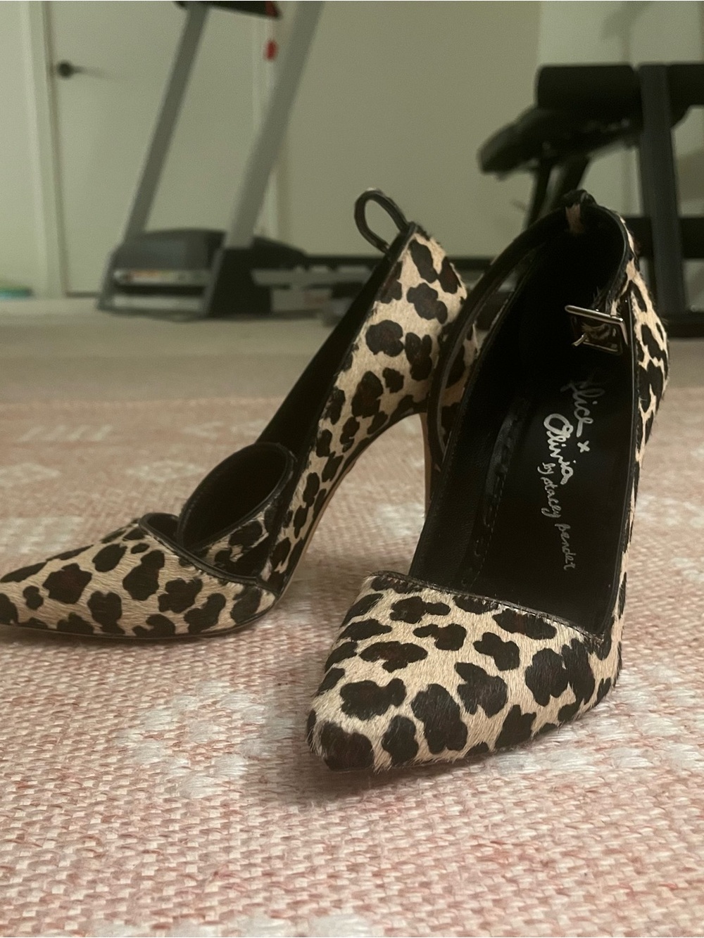 Alice+Olivia DeeDee Leopard Calf Hair D’Orsay Cut Pointed-Toe Ankle-Strap Heels